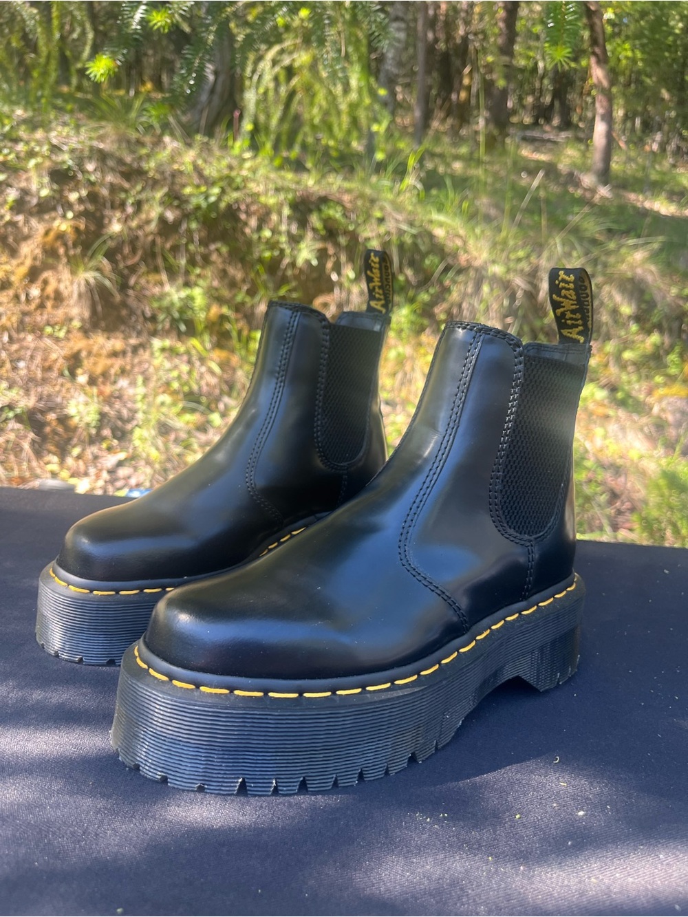 Dr. Martens Black Platform Chelsea Boots with Yellow Stitching 2976 Quad